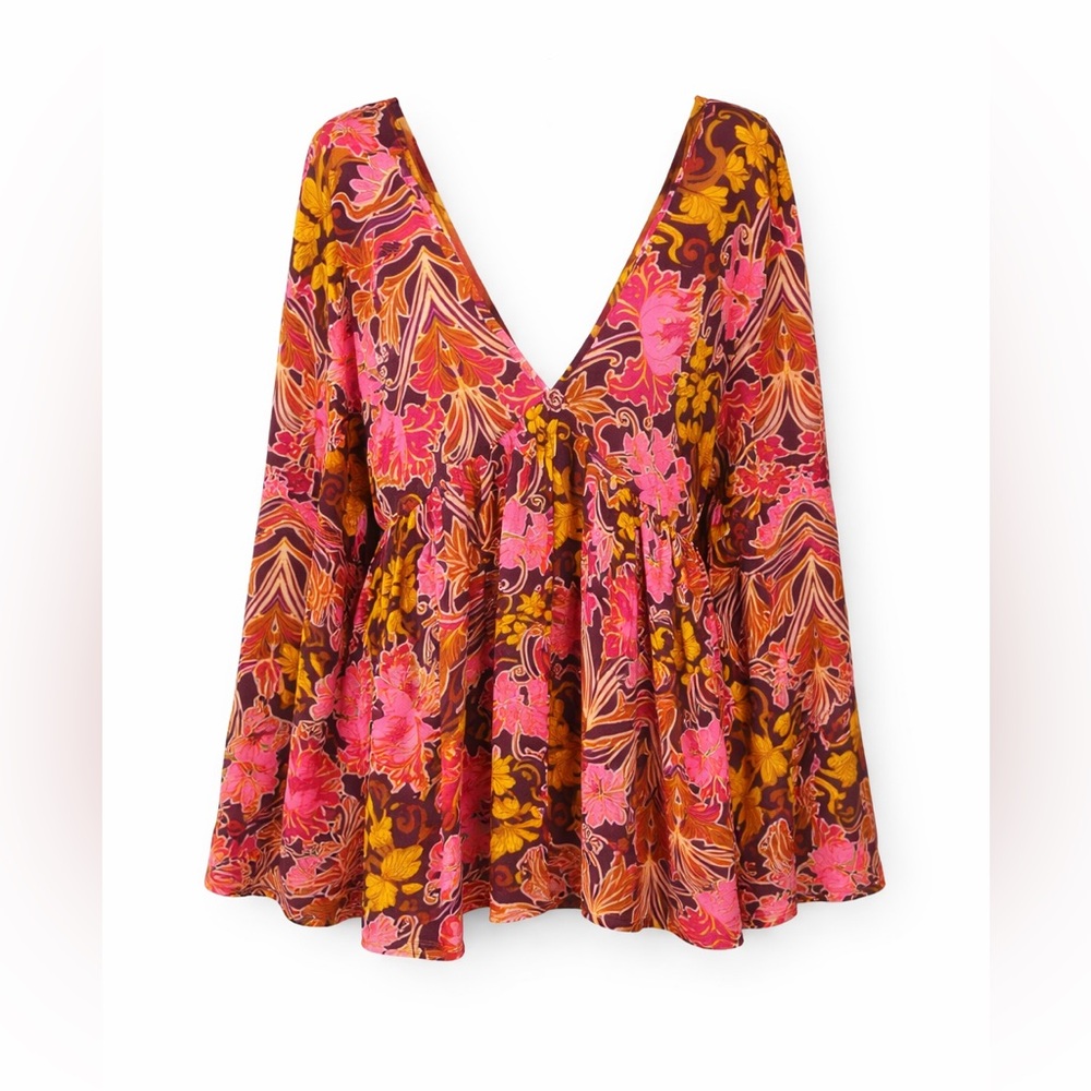 GB Floral Boho Babydoll Top Pink Orange Retro Festival Blouse-‎ Large